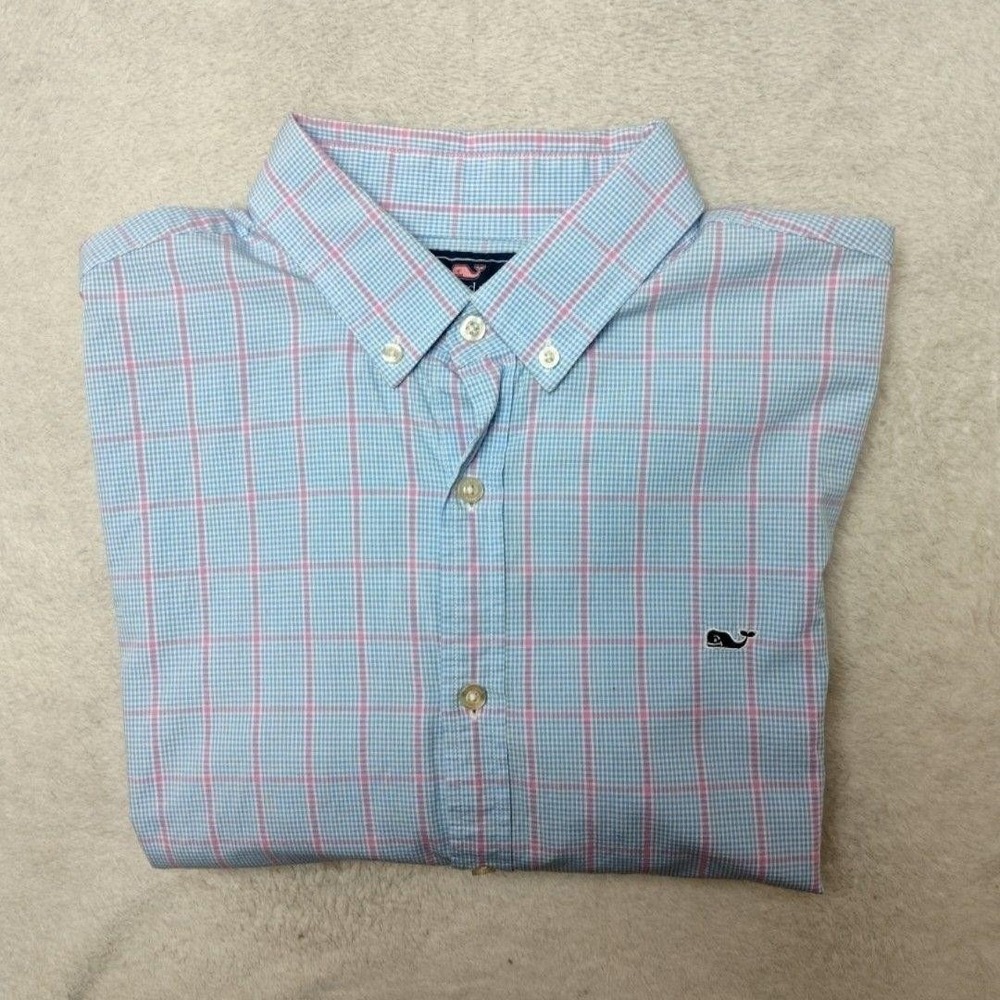 Vineyard Vines Shirt Mens L Blue Check Button-Up Slim Fit Whale Logo Long Sleeve